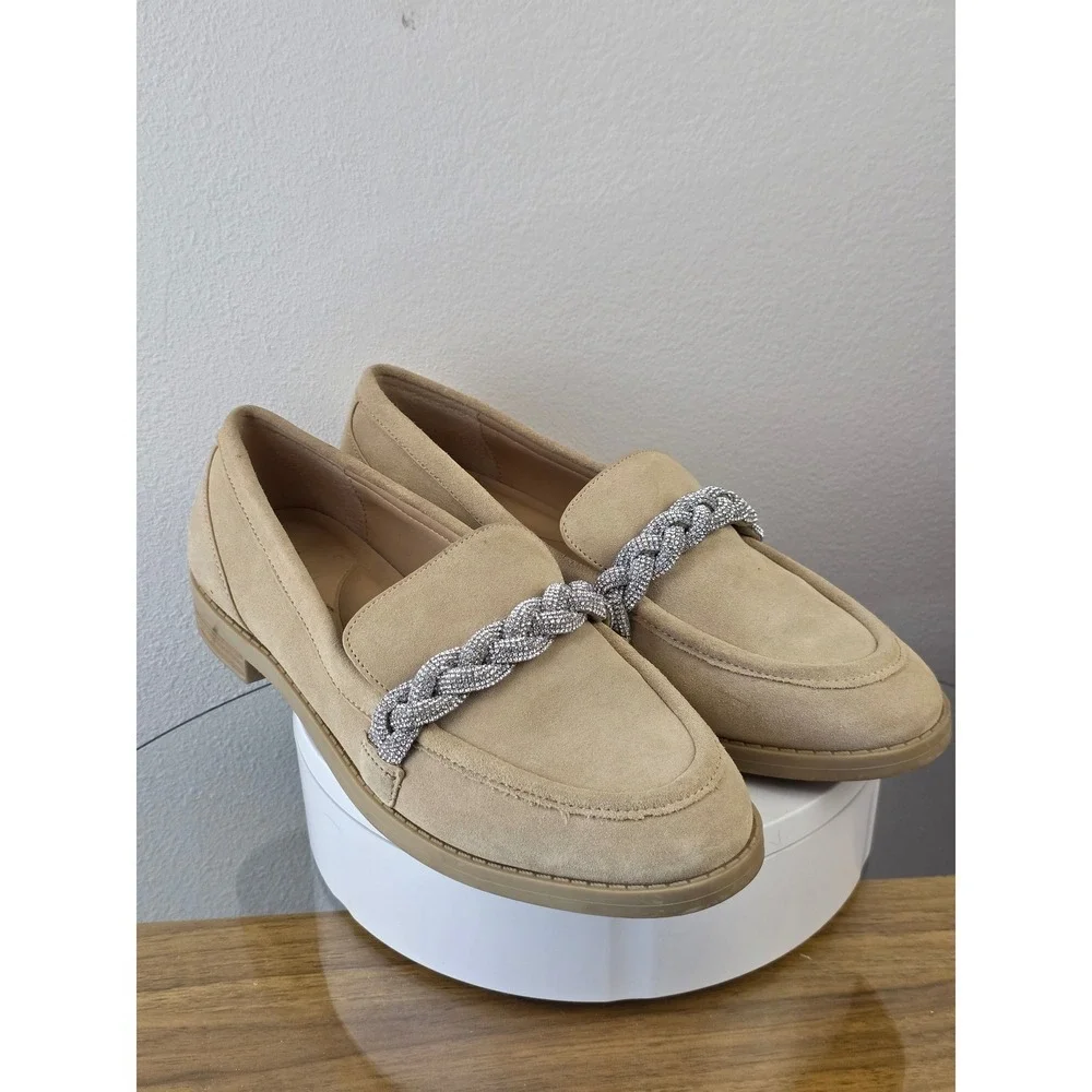 Gianni Bini Tan Suede Rhinestone Braided Chain Loafers 7M Beige Leather Slip On